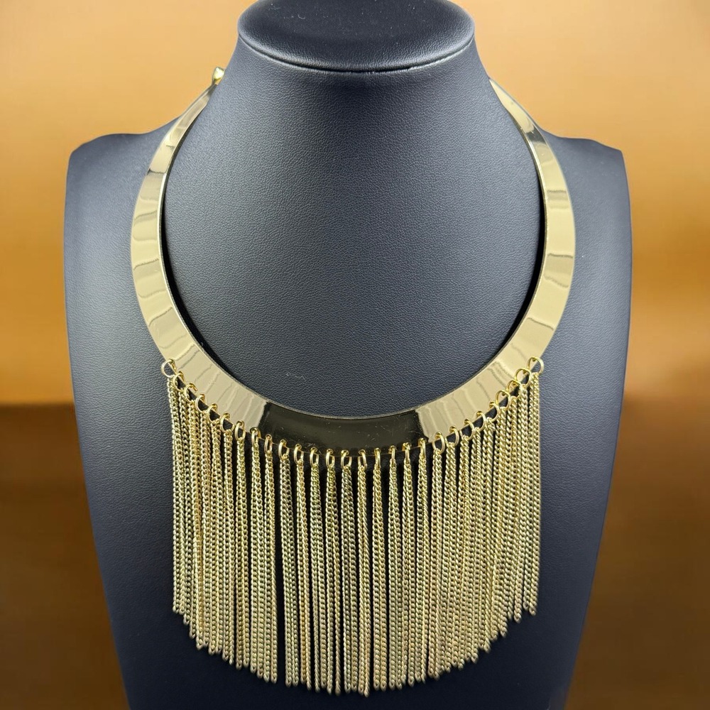 Gold Tone Fringe Bib Collar Necklace Statement Torque Chain Tassel Boho Festival